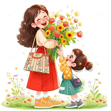 女孩给母亲献花母亲节卡通插画