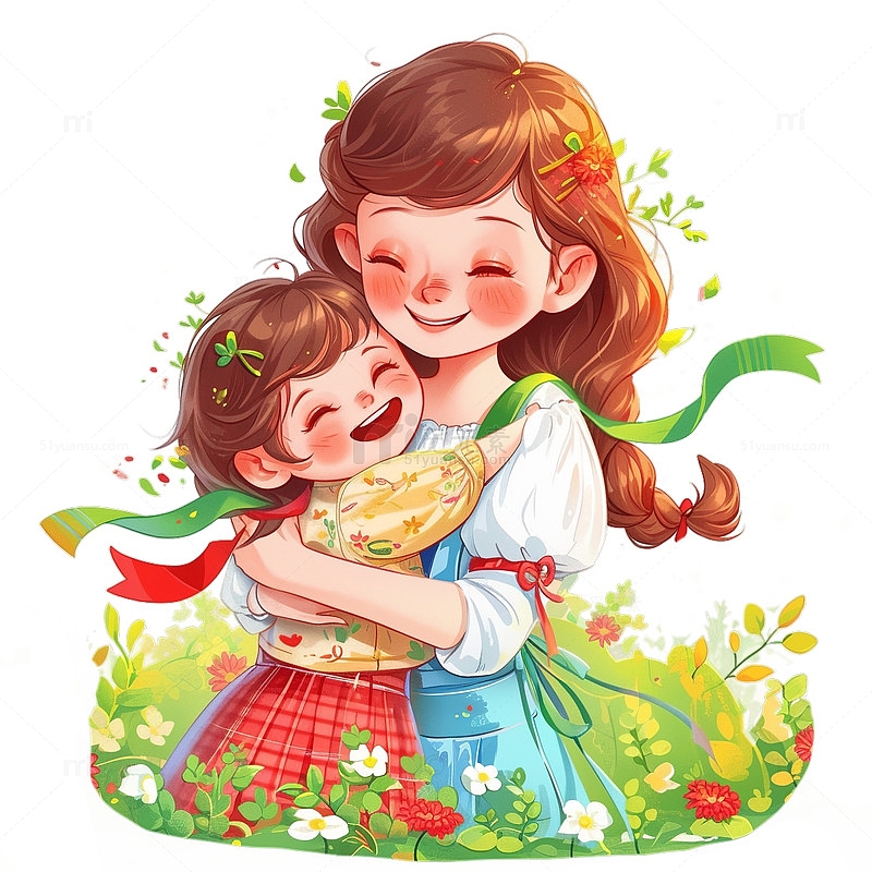 母女相互拥抱母亲节温馨插画