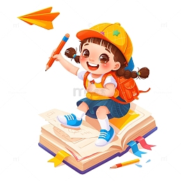 小学生坐在书上遨游卡通免抠素材
