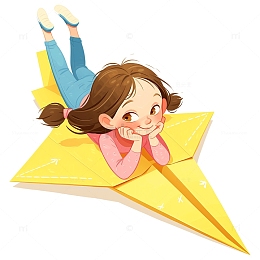 趴在纸飞机上的卡通女孩素材