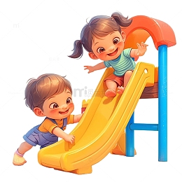 两个小孩游乐园玩滑梯