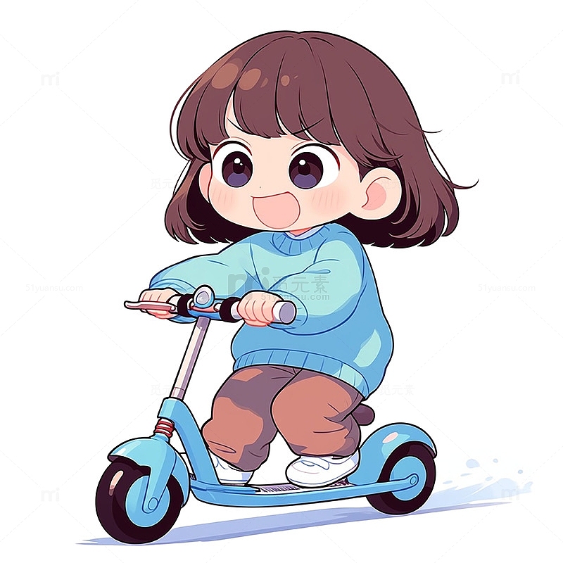 卡通小女孩玩滑板车