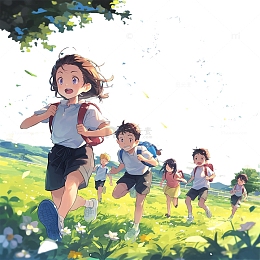 夏日草坪上奔跑的小孩