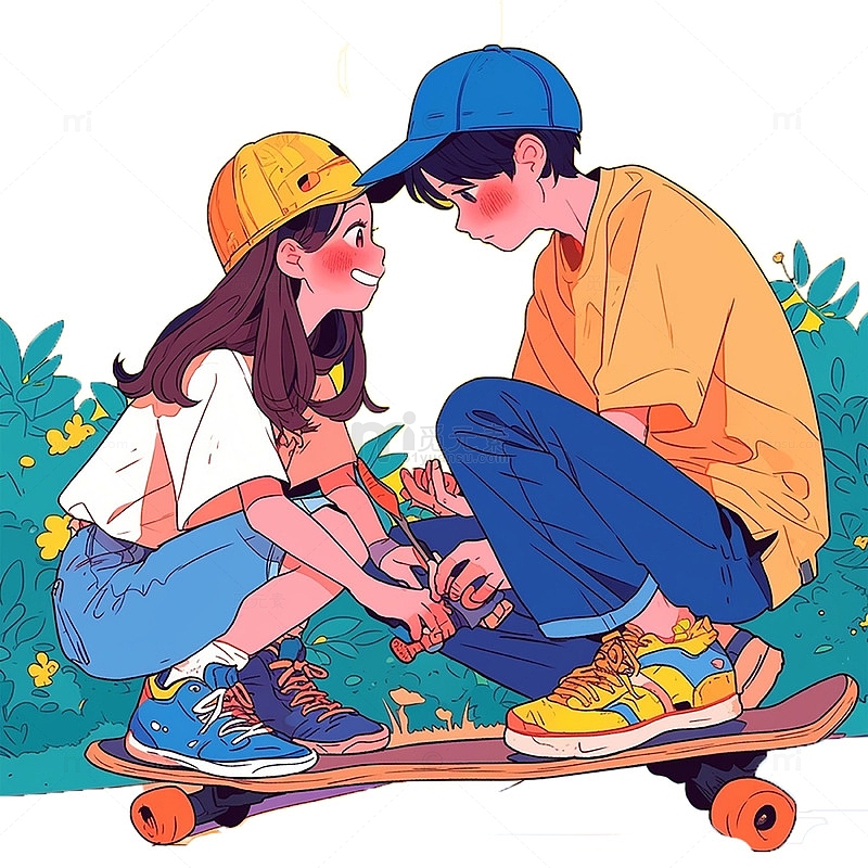 卡通滑板青年情侣