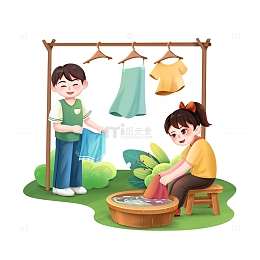 劳动节儿童洗衣服卡通元素