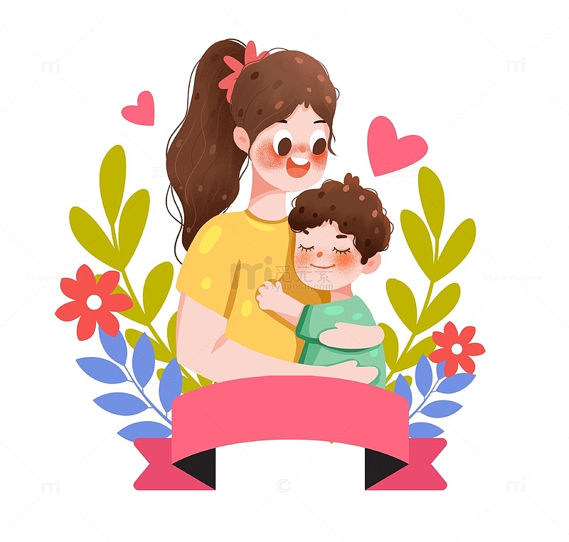 卡通手绘母亲节母亲拥抱子女花环树叶