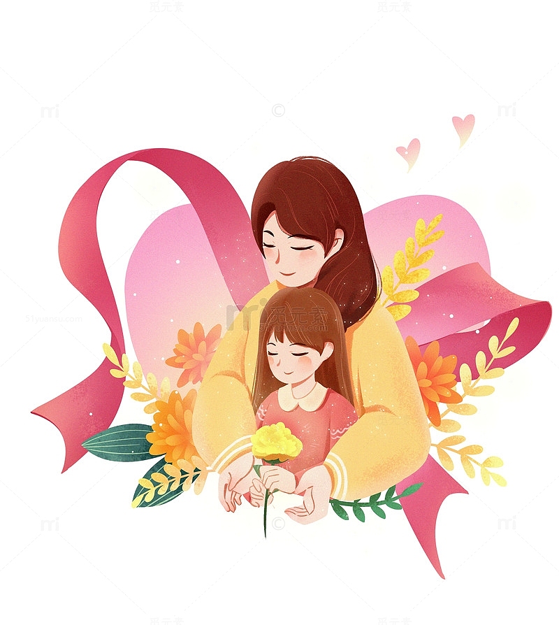 母亲节节日母亲拥抱女儿爱心丝带树叶草丛