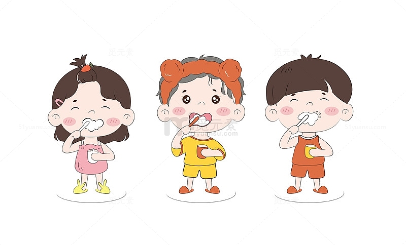 三个小孩刷牙立牌手绘图