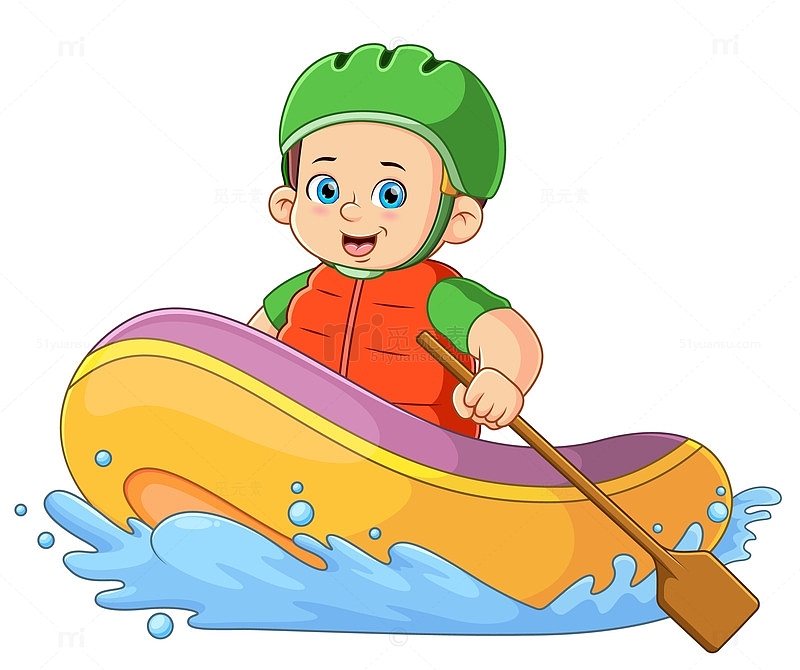 男孩使用安全帽握桨漂流