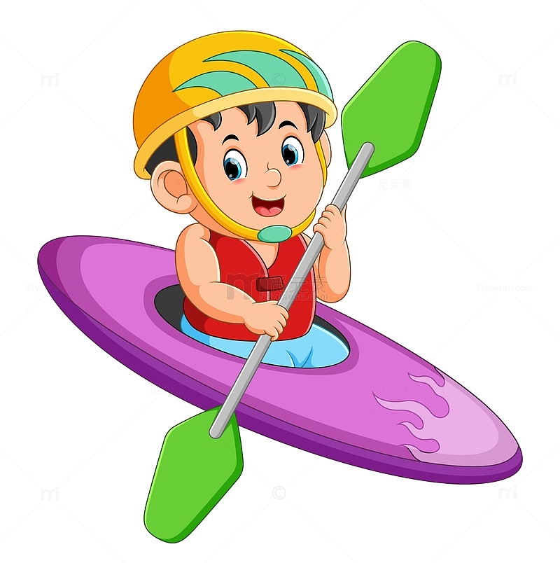 用绿色划桨划独木舟的小男孩