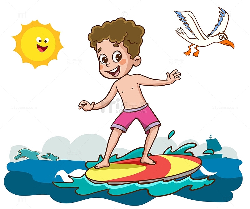 晴朗天气玩冲浪板的小男孩