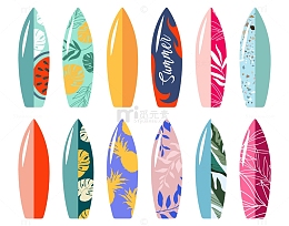 彩色集合冲浪板矢量插图
