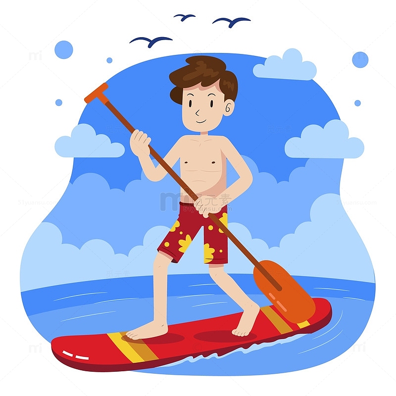 海边冲浪划桨的小男孩