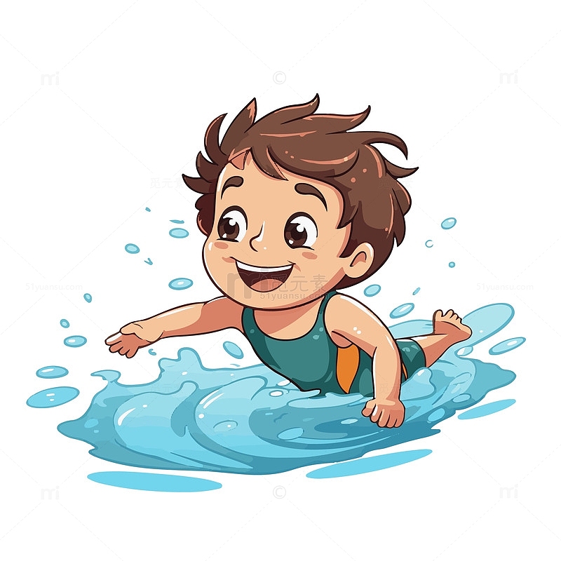 游泳运动的小男孩手绘