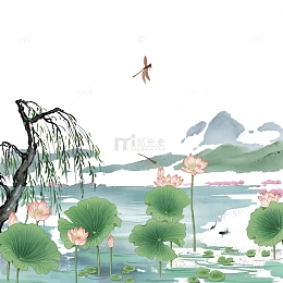 国风水墨画荷塘莲花荷叶柳树蜻蜓