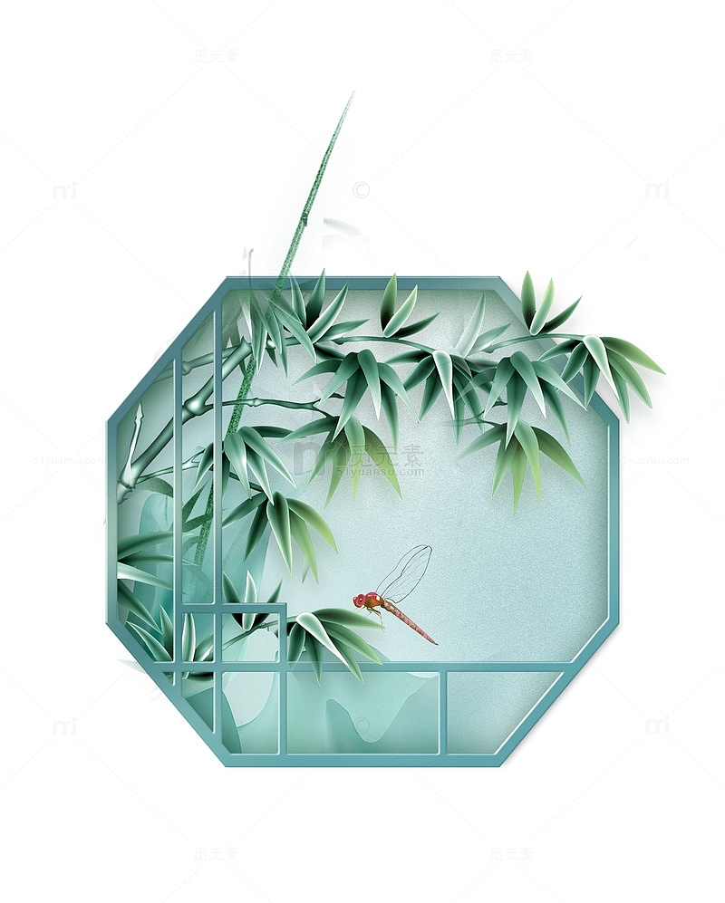 创意卡通六角窗竹子竹叶蜻蜓