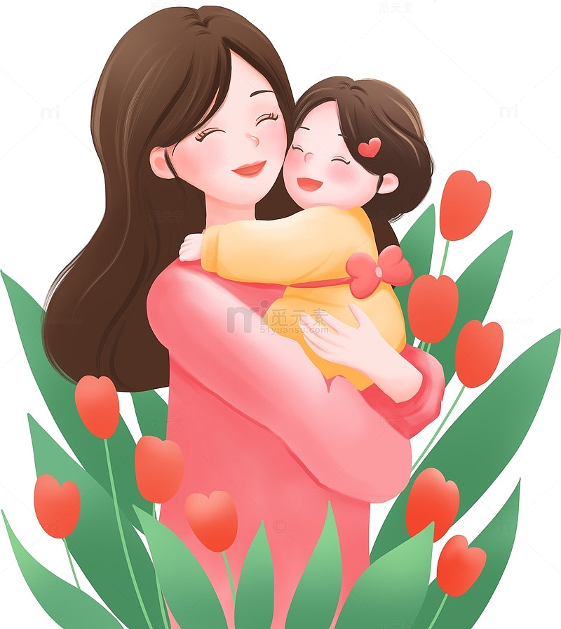 母亲节妈妈抱着孩子温馨插画