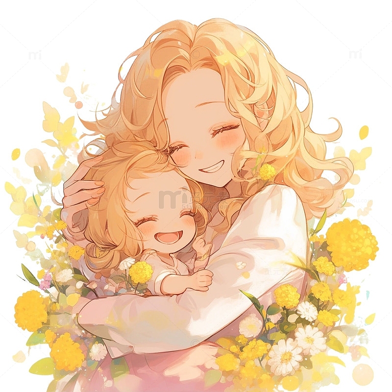 黄色鲜花相拥母女