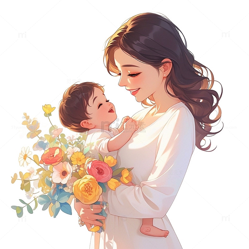 手拿鲜花的母亲抱着小孩