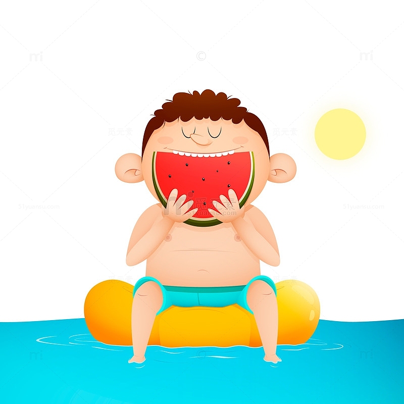 坐在游泳圈上吃西瓜的小男孩