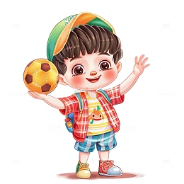 手拿足球踢球小男孩卡通插画