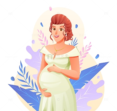 孕妇拥抱她的肚子树叶装饰概念