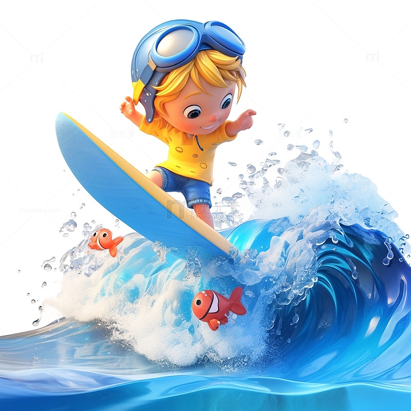 蓝色海浪冲浪男孩