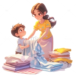 母亲节帮妈妈叠衣服的男孩