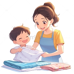 和妈妈一起做家务的男孩