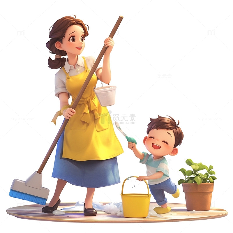 母亲节男孩帮妈妈做家务