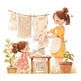 母亲节女孩和妈妈一起晾衣服