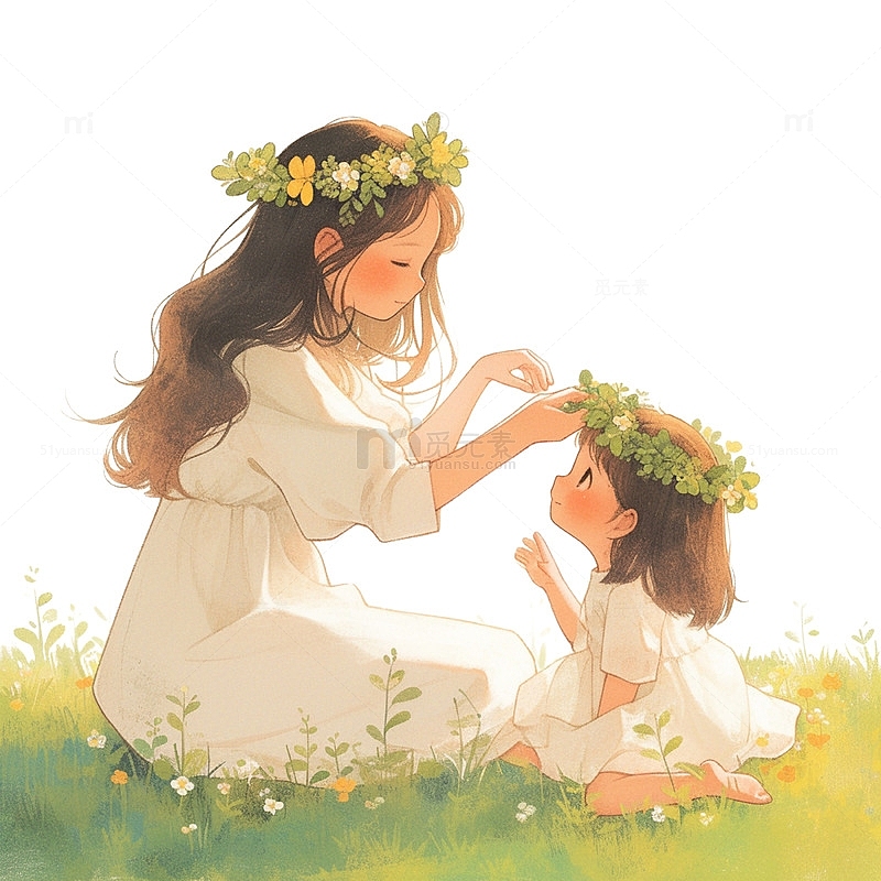 草坪上戴花环的母女俩