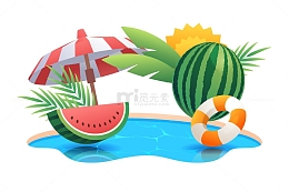 夏季海滩西瓜遮阳伞度假场景手绘