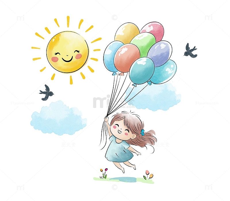 儿童节牵着气球起飞的女孩卡通太阳手绘插画