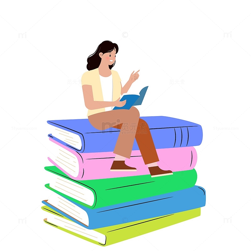 矢量读书日坐在书本堆上看书的女人插画