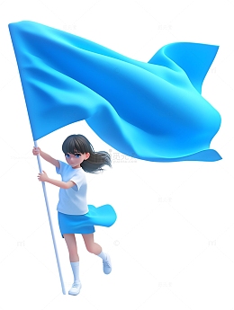 女孩举着蓝色的大旗
