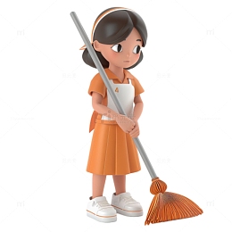 儿童女孩扫地劳动卡通人物