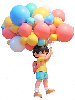 儿童节拿着一堆气球的男孩