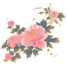 国潮纷色金色描边牡丹插画