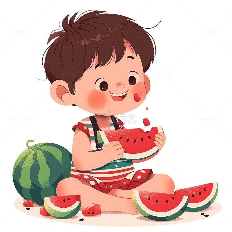 卡通夏季吃西瓜的小男孩