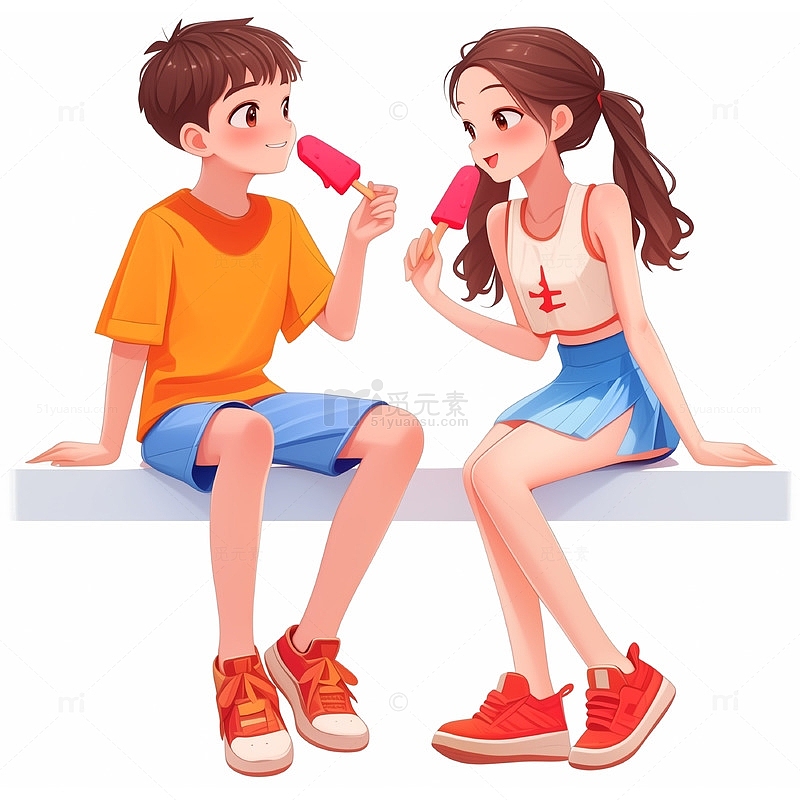 夏日情侣在一起吃冰棒卡通插画