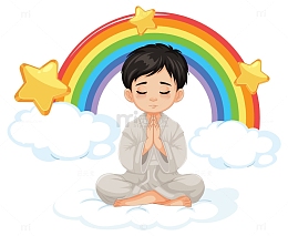 彩虹下虔诚祈祷的男孩