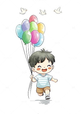 夏日牵着彩色气球小男孩儿童手绘插画