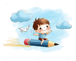 坐铅笔飞翔天空的小男孩手绘儿童读书插画