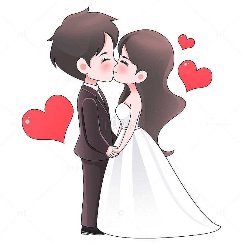 卡通可爱婚礼新郎新娘亲吻元素