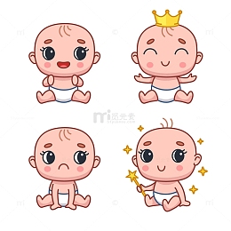 卡通新生儿角色戴着王冠拿着魔杖