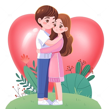 aipng追波风情侣约会插画场景心形气球psdpng七夕情人节情侣拥抱手绘