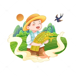 丰收节男孩包一捆水稻山水田园元素