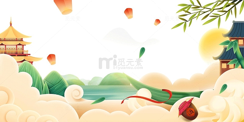 端午节节日孔明灯楼阁云朵粽子树叶