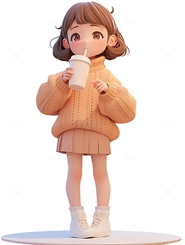 小女孩喝奶茶喝咖啡喝饮料